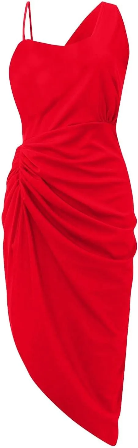ZWRXW Formal Dresses for Women Sexy One Shoulder Ruched Bodycon Dress Sleeveless Wrap Party Cocktail Midi Dresses with Slit